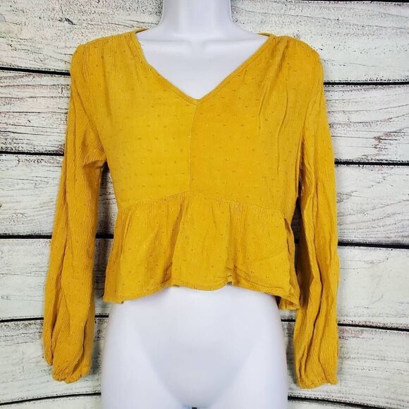 Sadie & Sage Mustard Yellow Peplum Blouse Medium Long Sleeve Textured Dobby Boho - Picture 1 of 6